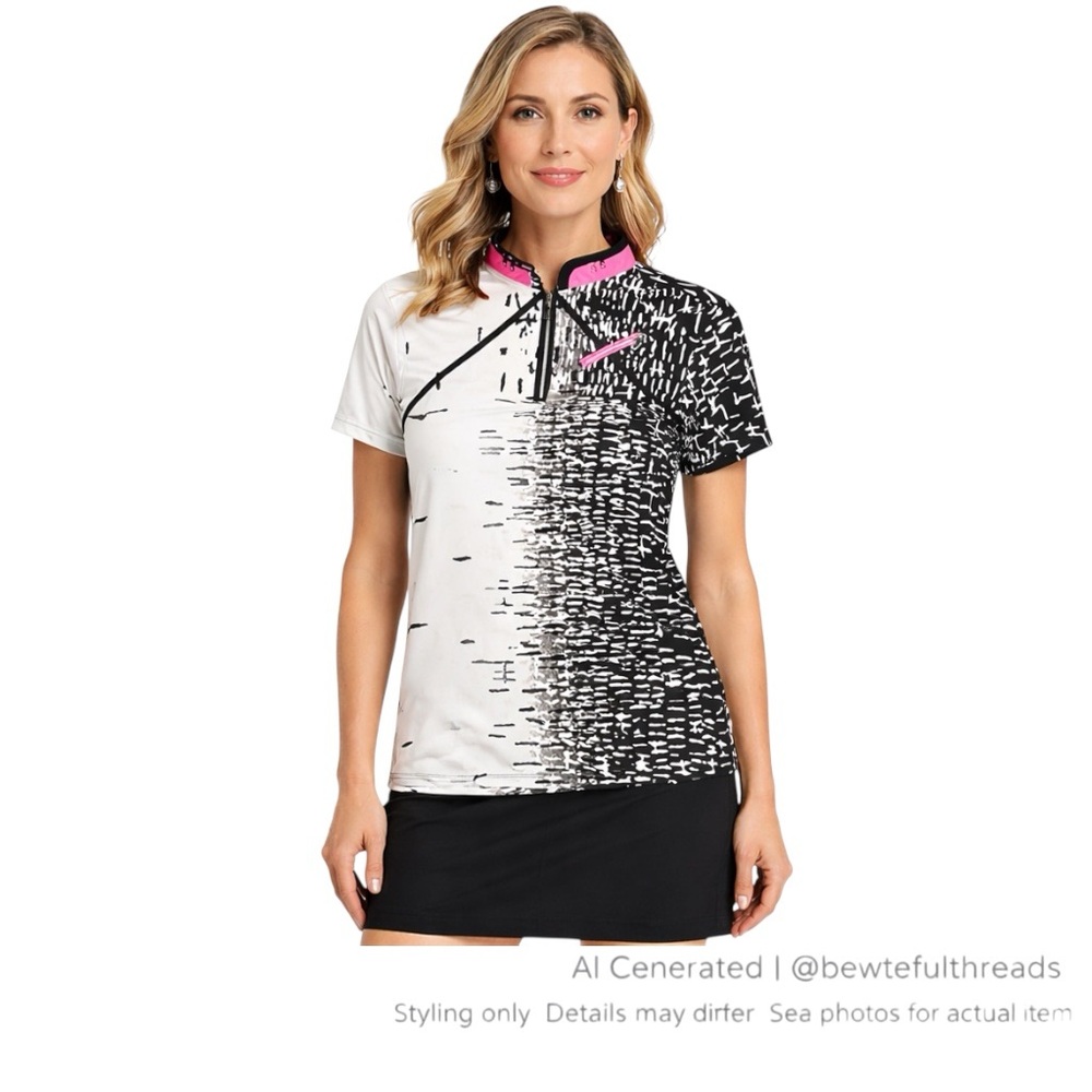 Jamie Sadock Black White Abstract 1/4 Zip Stretch Golf Top M